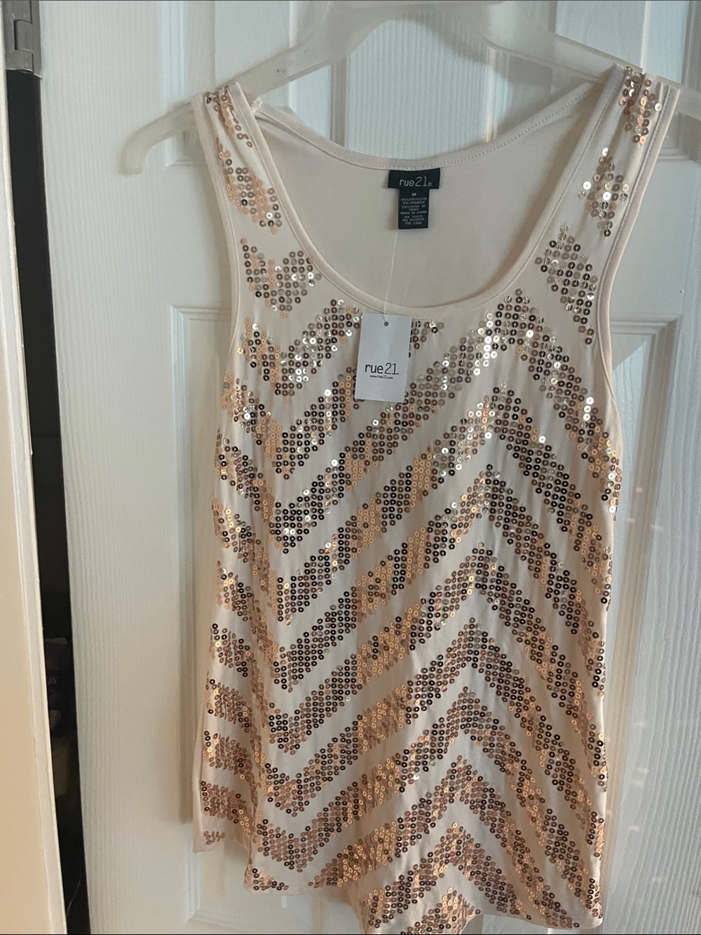 Cream Tank Top with Gold Sequin Chevron